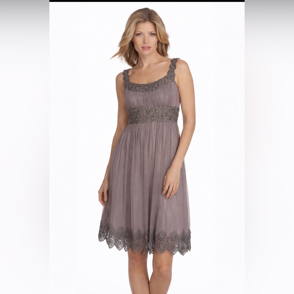 Adrianna Papell Silk Chiffon BeadedCocktail Dress brownEmpire Waist Scalloped 10